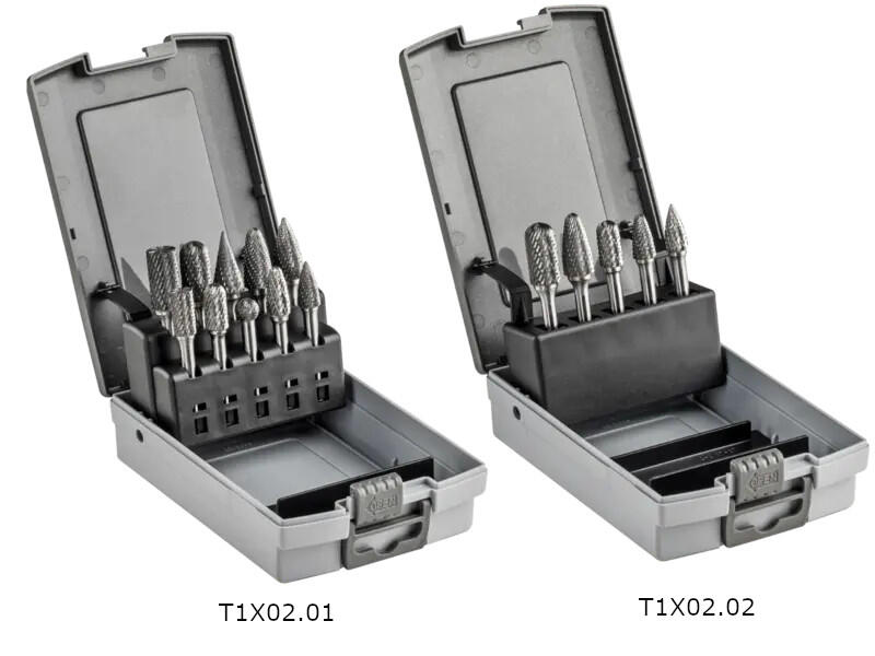 Set of solid carbide rotary burrs, cutting profile MX